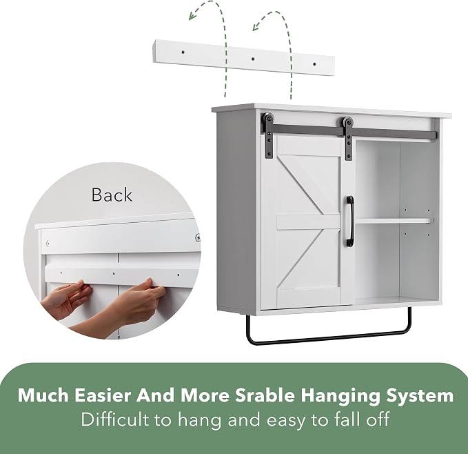 23" Bathroom Wall Cabinet with Sliding Door, Towel Bar & LED Light | 3-Tier Adjustable Shelves, Rechargeable Motion Light and Space-Saving Over-Toilet Storage for Bathroom, Laundry Room, Kitchen