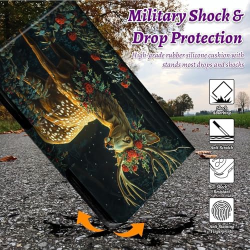 Rotating Handle Case for Samsung Galaxy Tab A11 Plus 2026/A9 Plus 11" 2024, 360 Degree Swivel Kickstand with Magnetic Closure Shockproof Leather Cover for Women Men, Rose Forest Deer