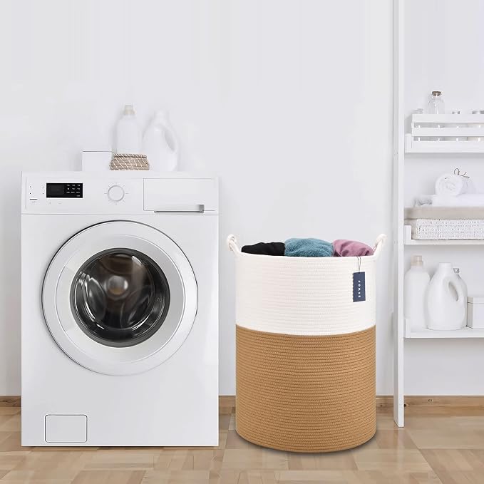 COMSE Tall Woven Blanket & Laundry Basket, 72L, White & Camel | 15.7”x 21.7”, Cotton Rope, Large Nursery Hamper for Storage of Toys Clothes Towels, Great for Living Rooms Bedrooms Bathrooms