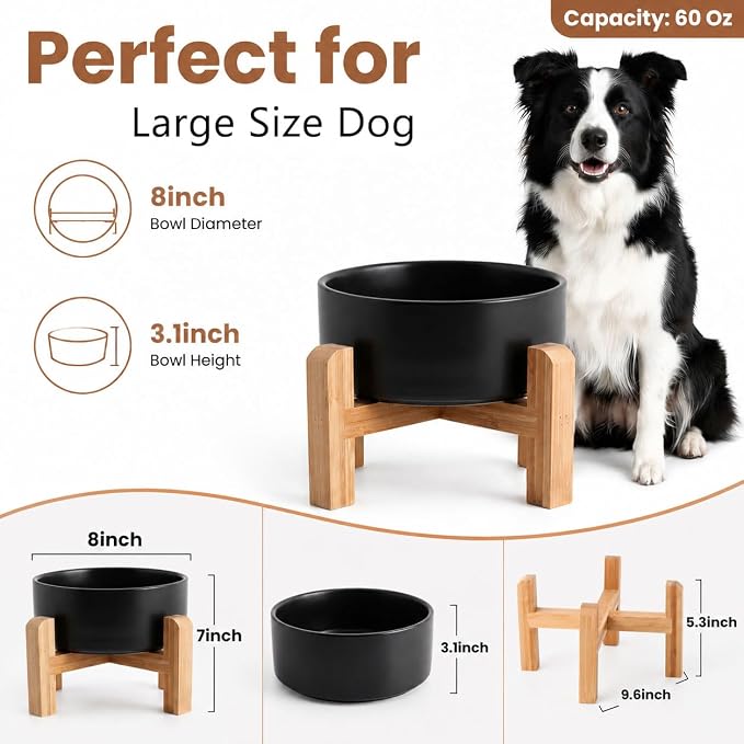 hjn Elevated Ceramic Dog Bowl with Bamboo Stand, Raised Pet Feeding Station for Small Medium Dogs Cats, Modern Design with Anti-Slip Base (Black, 7.6Cup)