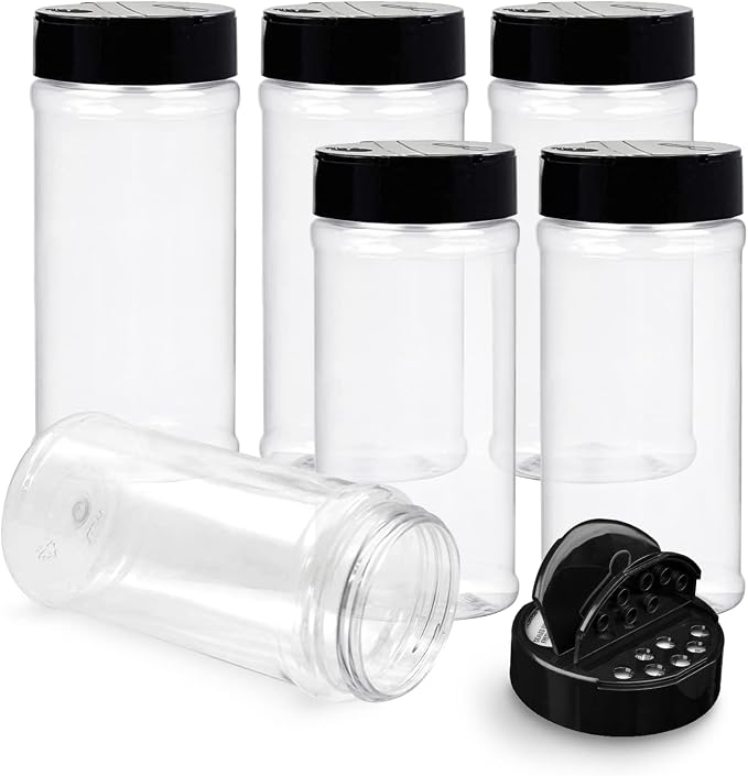 Plastic Spice Jars Bottle Containers with Black Cap, 16 Oz, 6 Pack | Clear Safe Plastic Bottle Containers with Shaker Lids, Lined Cap, PET Material, BPA-Free, Perfect for Herbs & Spices