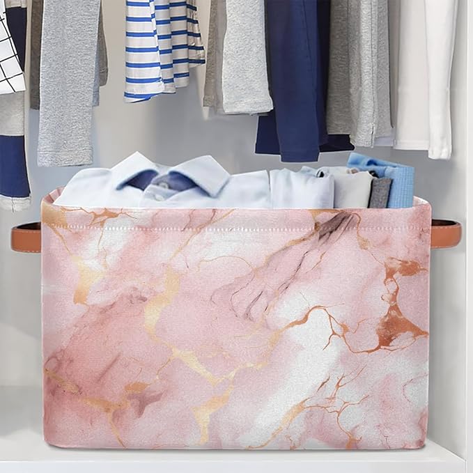AUUXVA Storage Basket Rose Gold Marble Texture Storage Cube Box Durable Canvas Collapsible Toy Basket Organizer Bin with Handles for Shelf Closet Bedroom Home Office