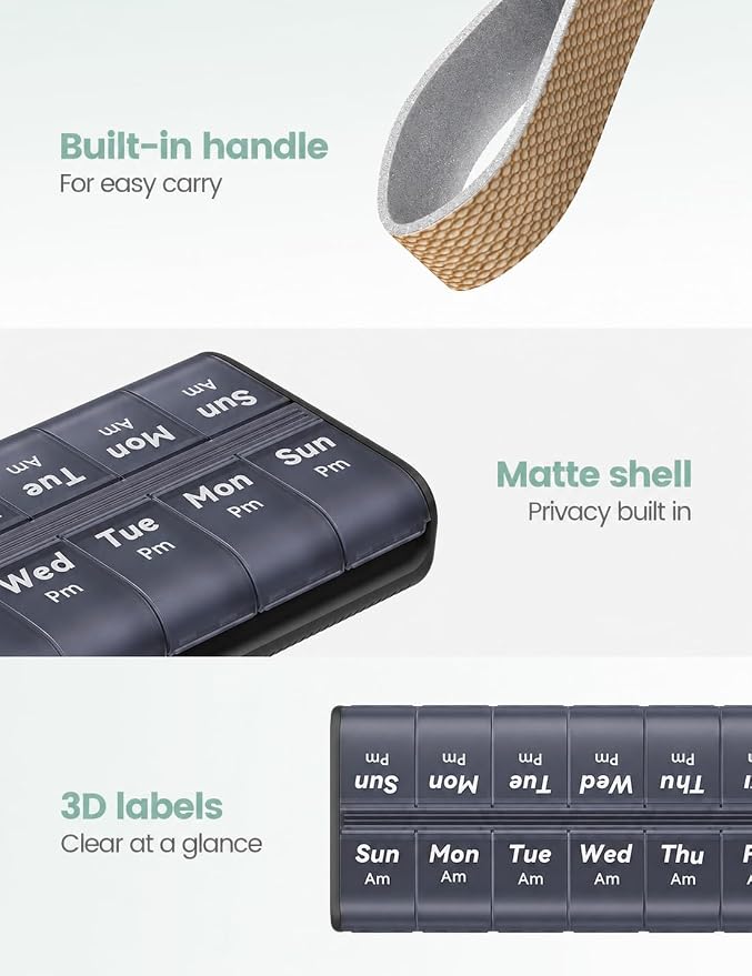Pill Organizer 2 Times a Day, Built-in Desiccant | 7 Day AM PM Weekly Pill Box, Easy-Open, Portable Carry Handle, BPA-Free, Matte Privacy Case for Supplements and Vitamins