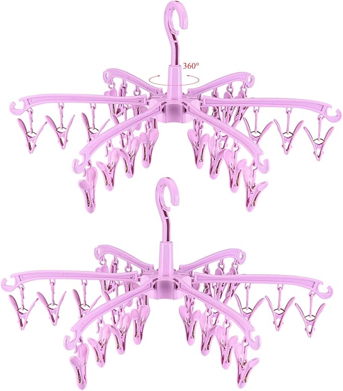 Clothes Drying Hanger with 24 Clips,Foldable Hanging Rack 2 PCS | for Drying Socks Lingerie Baby Clothes Drying Towels Rotatable Sock Drying Rack with 24 Pegs Clips(Pink)