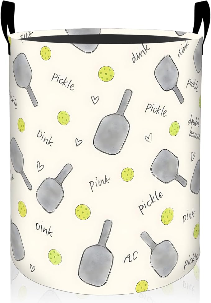 Pickleball Laundry Basket, Paddle Ball Print Foldable Oxford Cloth, Waterproof Dirty Clothes Hamper with Handles, Clothing Storage Bin Toy Organizer for Bedroom Dorm Bathroom, 19.7"x15.7"