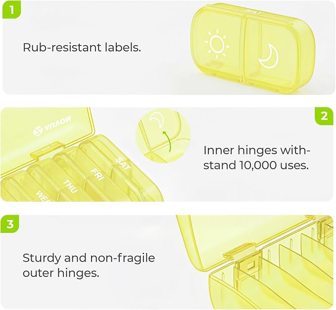 AUVON Weekly Pill Organizer 2 Times a Day, One-Sided Opening, Easy to Use | AM PM Pill Case, XL Pill Box 7 Day, Travel Medication Organizer for Medication, Vitamins, Fish Oils, Supplements, Yellow