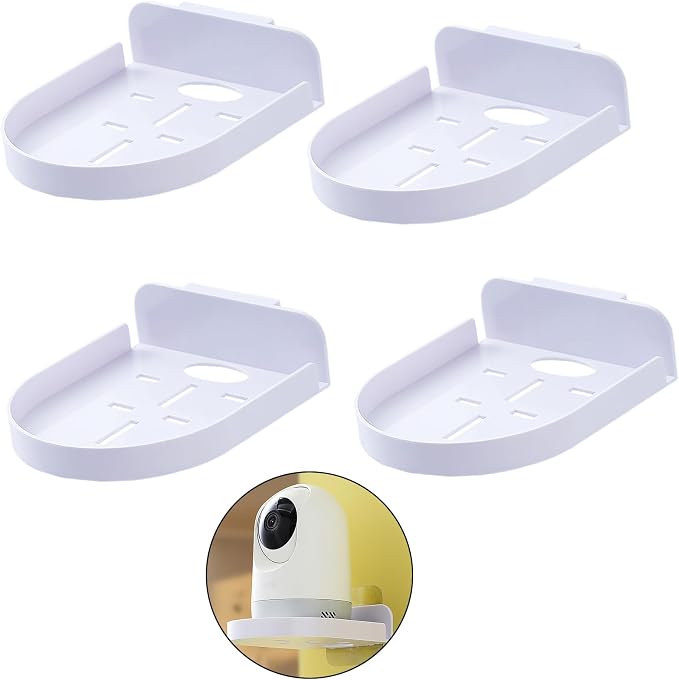 4 Pcs Security Camera Wall Mount, Baby Monitor Wall Mount, Adhesive Small Wall Shelf for Bedroom Kitchen Living Room with Cable Clips (White)