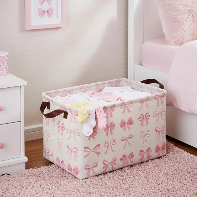 Pink Bow Decor Storage Basket Waterproof Canvas Toy Storage Bin Coquette Room Decor Collapsible Outdoor Basket with Leather Handles Pink Blanket Baskets For Closets,Bedrooms,Gifts Baskets