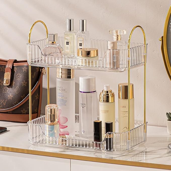 shuang qing 2 Tier Bathroom Counter Organizer Countertop Storage, Cosmetics Skincare Shelf Organizer, Makeup Organizer Perfume for Dresser Vanity Tray, Spice Rack Organizer for Kitchen - Clear
