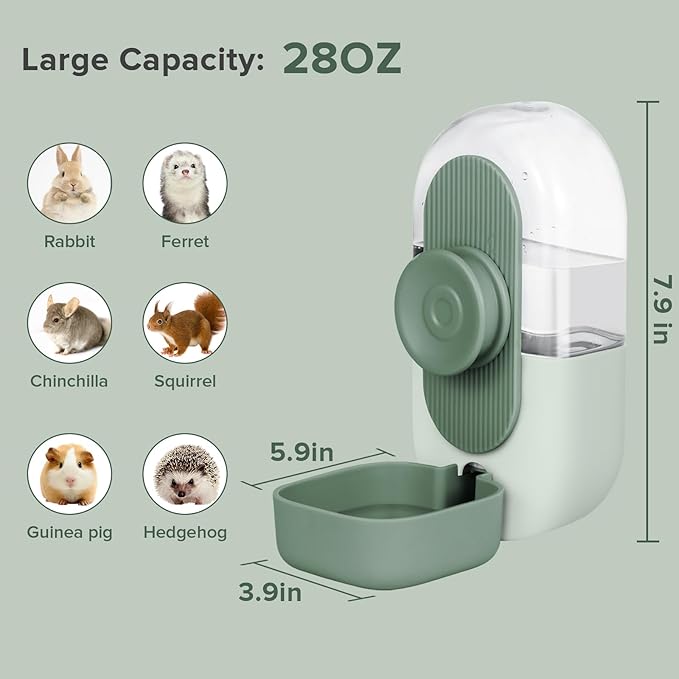 Kenond 28oz Hanging Automatic Rabbit Water Bottle, Guinea Pig Water Bottle No Drip, Gravity Water Dispenser for Cage, Suitable for Guinea Pig, Bunny, Hamsters and Other Small Animals(Green)
