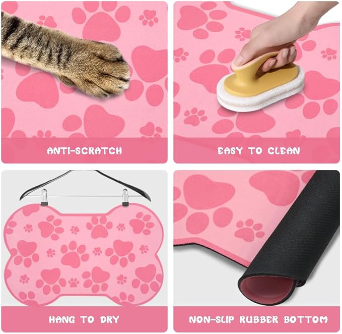 Dog Food Mats for Floors Waterproof, Pet Feeding Absorbent Water Bowl Mat Cat Placemats Pink Bone Shape 23.6 * 15.7 inch