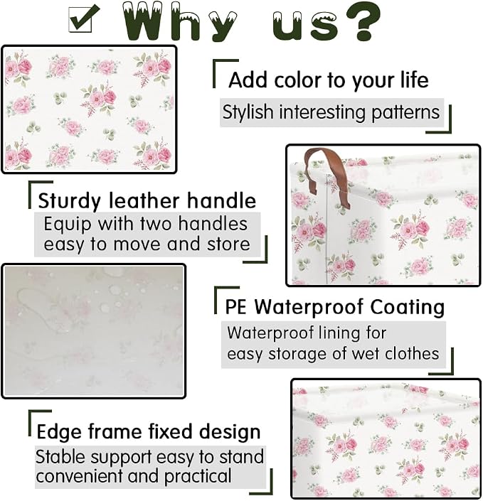 Rectangular Rose Pink Flower Basket for Girls,Waterproof collapsible laundry basket for girls,Kids Storage Baskets,Books Box,Gift Baskets,Baby Room Decor(Pink Flowers)