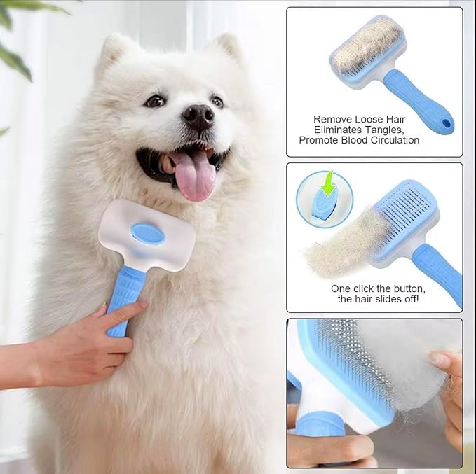 We Love Doodles Professional Slicker Brush for Goldendoodles and Long-Haired Dogs, Self-Cleaning Grooming Tool with Ergonomic Handle, Fine Wire Bristles, Blue (Blue)
