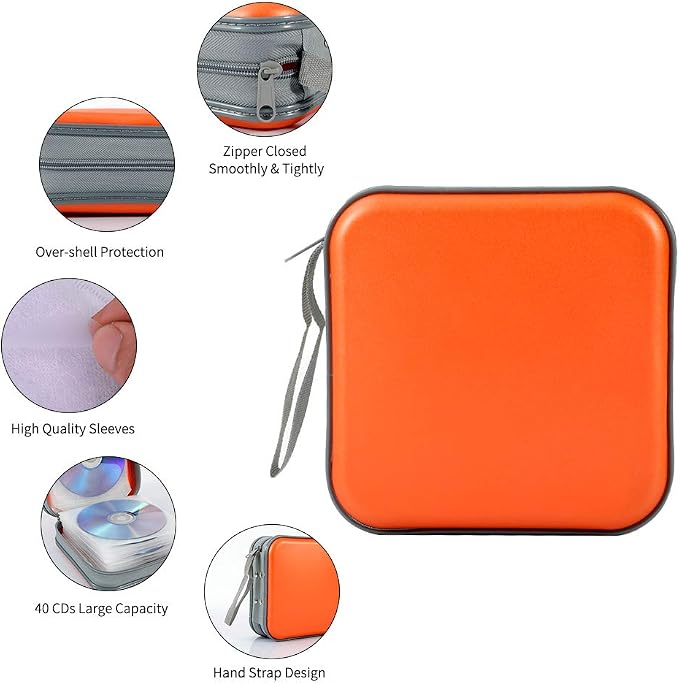 CD Case, 40 Capacity CD DVD Case Wallet Holder Portable Disc VCD Heavy Duty Binder Storage Organizer (Orange)