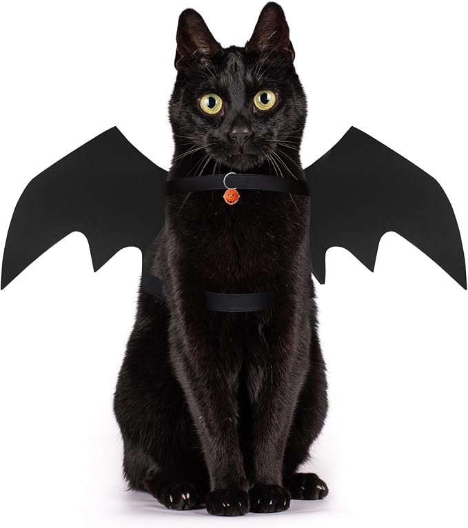OLANRUN Cat Halloween Costume, Cat Costumes, Small Dog Halloween Costumes - Bat Wing with Pumpkin Bell for Pet Halloween Cosplay Party Dress Up Accessories (Medium)