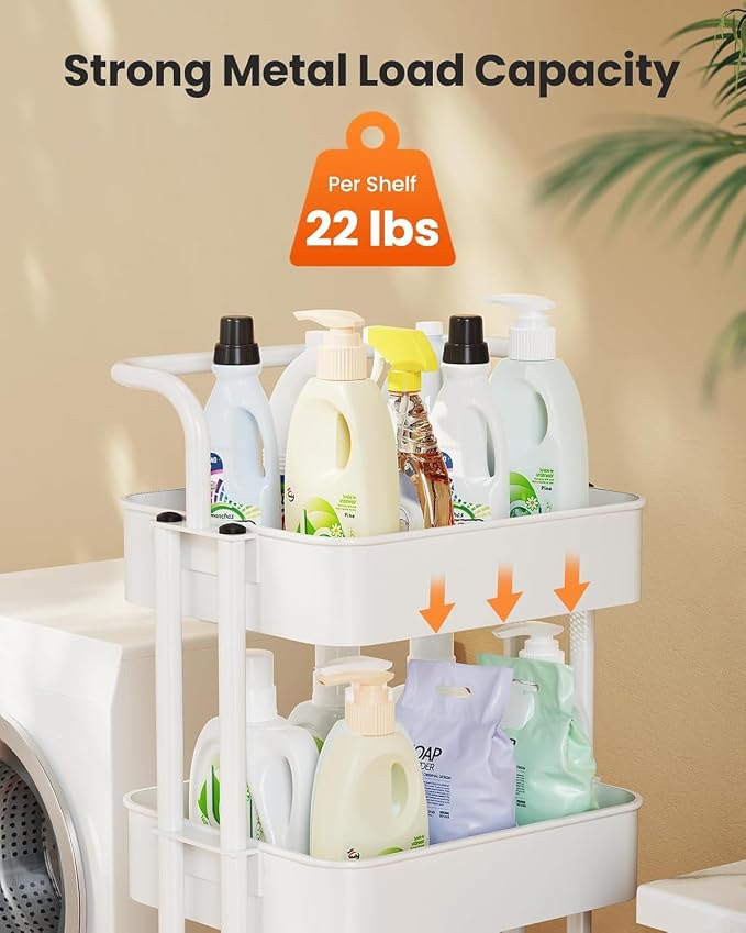 Pipishell Metal 4 Tier Rolling Cart with Handle & 2 Lockable Wheels, White | Four Large 2" Wheels for Easier Movement, Sturdy Metal, Hold 22 lbs per Shelf, Ventilated Mesh Design, for Office and Kitchen