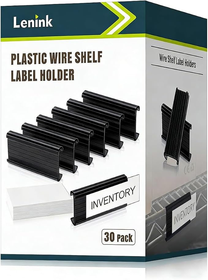 30Pcs Wire Shelf Label Holders, Black Plastic Wire Rack Label Holder,Compatible with Metro 1-1/4in Shelves, Label Area 3in Lx1.25in H (Label Paper Insert Included)
