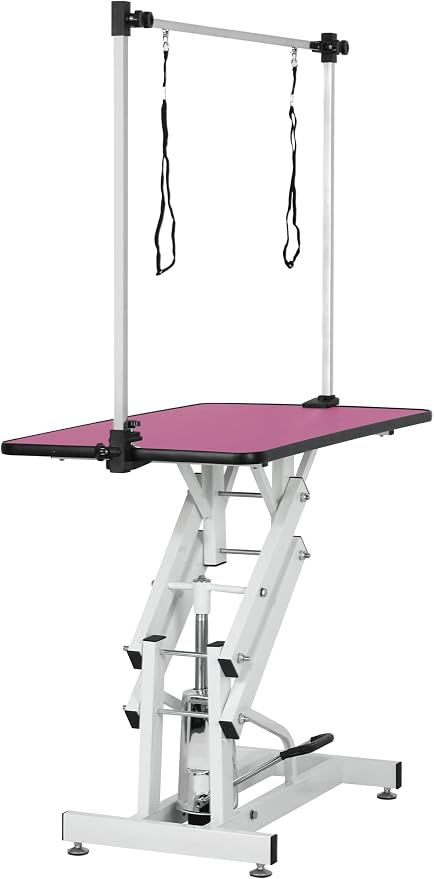 Hydraulic Pet Dog Grooming Table for Large Dogs, Heavy Duty Grooming Table with Adjustable Arm Noose, Maximum Capacity Up to 330 lbs, 42.5''/Pink