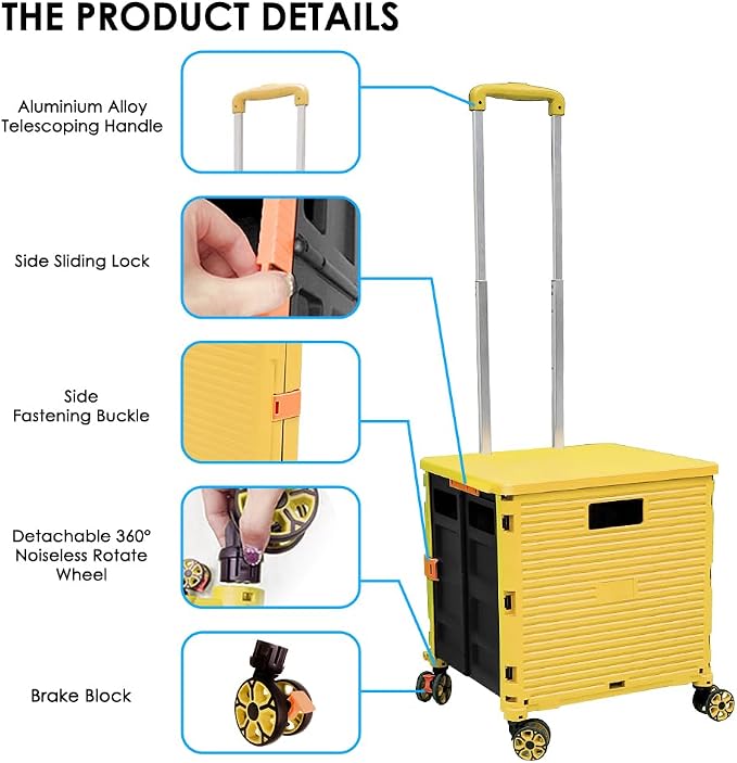 Foldable Utility Cart Portable Collapsible Crate Rolling Carts with Wheels Rolling Tote Basket Teacher Cart with Lid Wear-Resistant 360°Rotate Wheel Noiseless for Shopping Storage Office Use