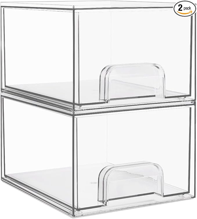 Vtopmart 2 Pack Small Clear Stackable Storage Drawers for Desk, Countertop | Hair accessories, Bathroom Makeup Accessorie Organizer, Plastic Bins For Desk, Vanity, Cabinet, Countertop Organization