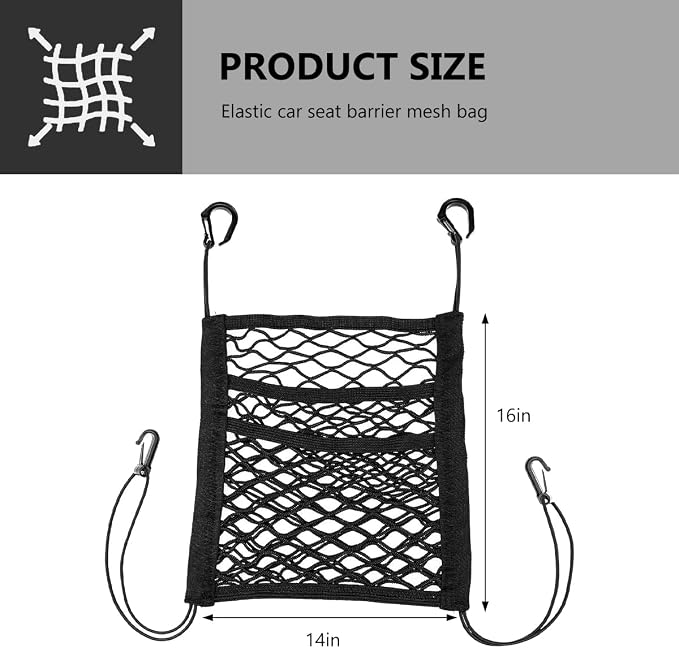 3-Layer Car Mesh Organizer, Seat Back Net Bag Stretchable Barrier of Backseat Pet Kids, Four-Side Elastic Storage Netting Pouch Cargo Tissue Purse Holder Between Front Seats