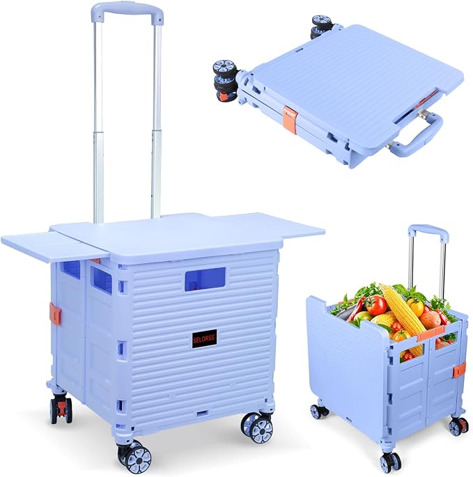 Foldable Utility Cart Collapsible Portable Crate Rolling Carts with Wheels Tote Basket with Magnetic Lid Telescopic Cover Wear-Resistant 360°Rotate Wheel Noiseless for Shopping Storage Office Use