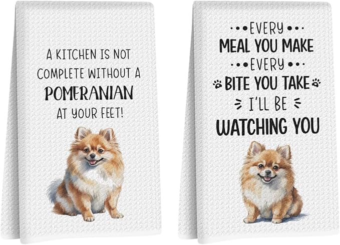 2Pcs Pomeranian Dog Kitchen Towels, Pomeranian Gifts for Women, Reusable Dish Towels for Kitchen Bathroom Decor, Waffle Weave Absorbent Hand Cloth Tea Towel, Cute Dog Gifts for Women Mom 14x24 Inch