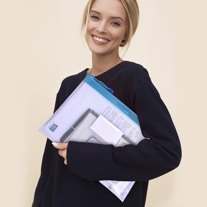 Wisdompro Zipper Pouch, 4 Pack Waterproof Mesh File Bag, Document Organizer | 13.3x9.8", Letter Size Mesh Bag with Outer Label Pocket, Durable, Perfect for File, Paper, Pen, Office, School, Home, Blue