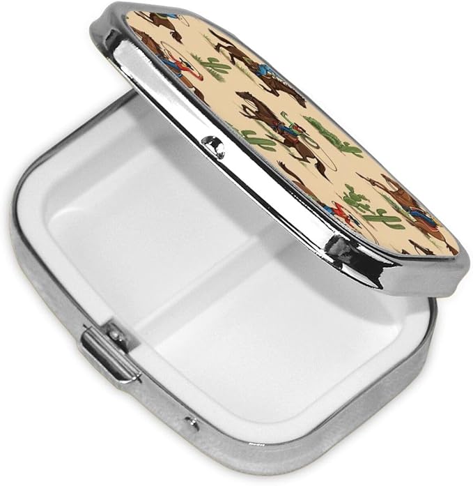 Western Desert Cowboy Riding Horses Pill Box 2 Compartment Medicine Pill Case Portable Pill Box for Pocket or Purse Pill Box
