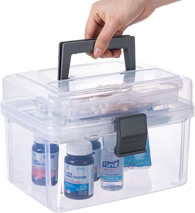 MyGift Clear First Aid Kit Box with Tray, Portable Medicine Storage | 10-Inch Organizer with Detachable Tray & Gray Handle for Medical Supplies, Travel, Home, Office & Emergency Use