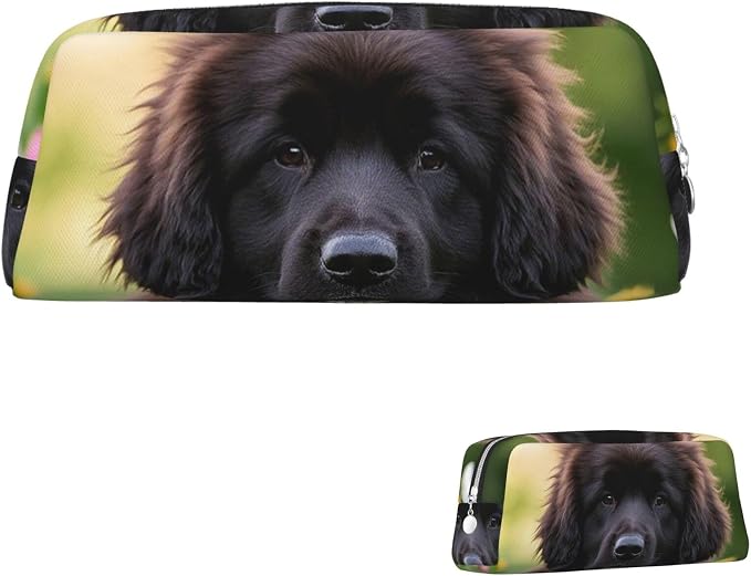 PU Leather Pencil Case Cosmetic Pencil Bags Makeup Pouch with Zipper | Cute Pet Newfoundland Dog Pen Pouch Portable Cosmetic Organizer Bag For Office Woman Man