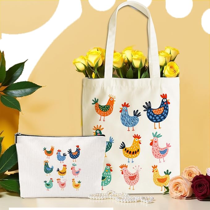Colorful Aesthetic Cute Chicks Chicken Gifts for Women Girls Sister Chicken Lovers Mom Makeup Bag Cosmetic Bags Canvas Tote Bag, Reusable Grocery Bags with Inner Birthday Christmas Graduation