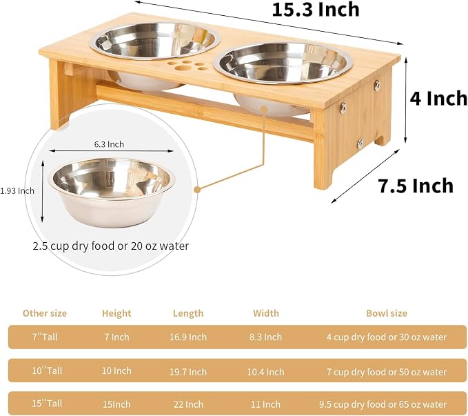 FOREYY Raised Pet Bowls for Cats and Small Dogs, Bamboo Elevated Dog Cat Food and Water Bowls Stand Feeder with 2 Stainless Steel Bowls and Anti Slip Feet (4'' Tall-20 oz Bowl)