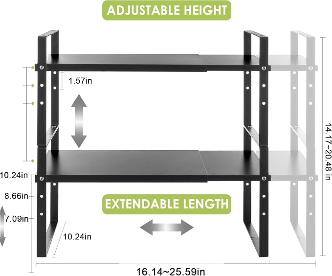 Across-Star Expandable Cabinet Shelf Organizer Rack, Stackable Kitchen Counter Storage Shelves Stand, Adjustable Height Pantry Shelf Spice Rack