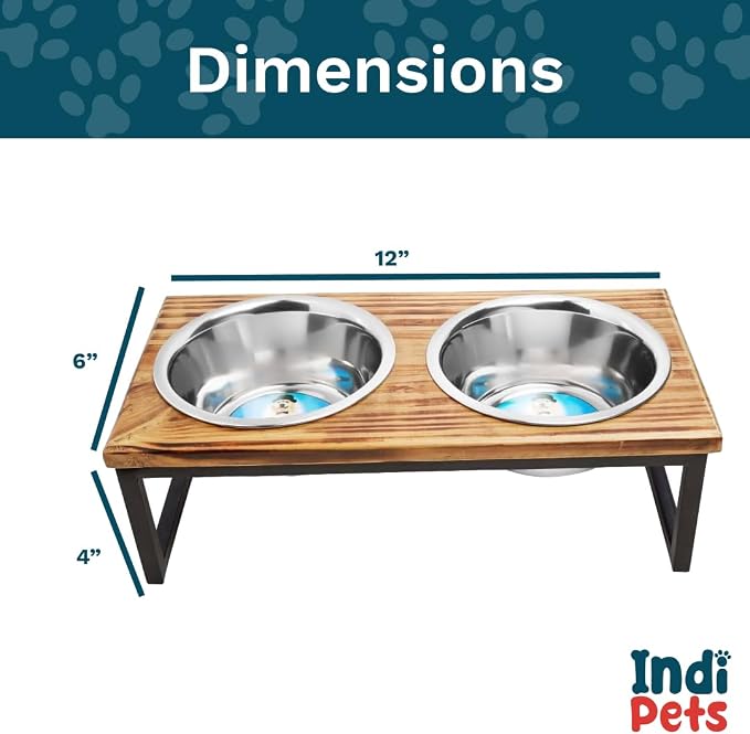 Indipets Elevated Dog/Cat Feeder with Bowls // Solid Wood Stand with Two Removable Stainless Steel Bowls // for Cats and Small, Medium, Large Size Dogs (Small)