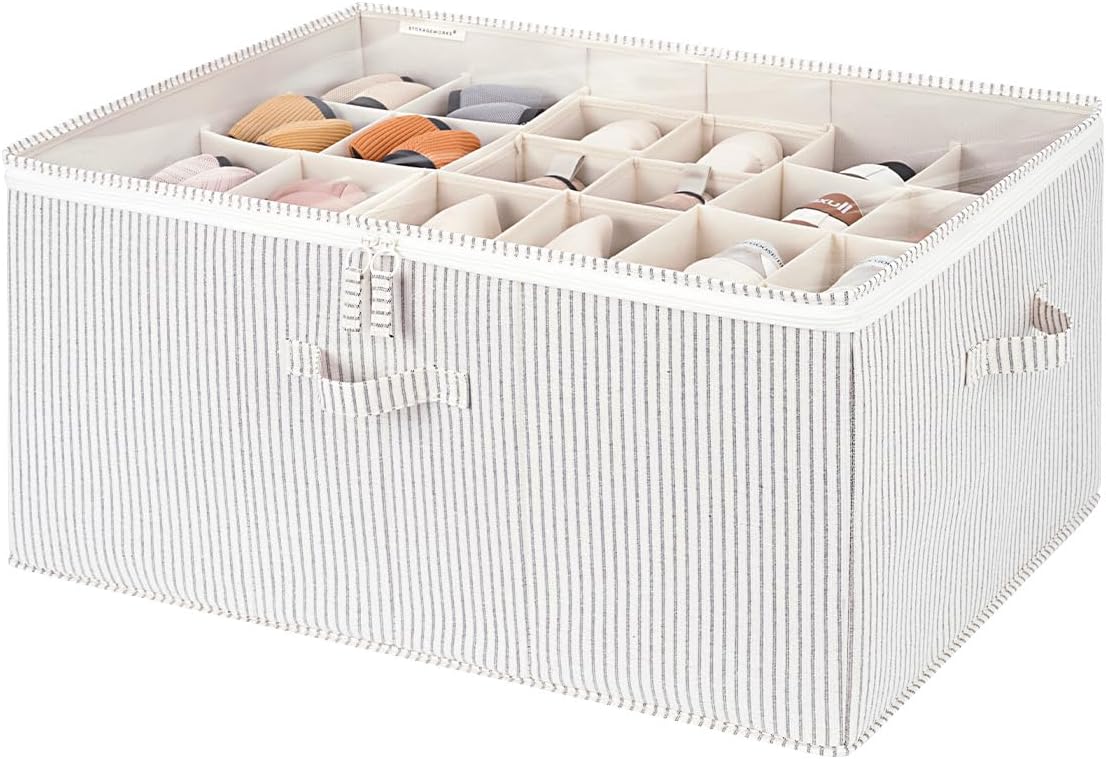 StorageWorks Shoe Organizer for Closet, Fits up to 24 Pairs, Shoe Cubby Storage Containers with Adjustable Dividers and Clear Cover, Khaki and Beige Stripes | Adjustable Dividers, Holds up to 24 Pairs, Foldable, Clear Lid, Soft Handles, Fits Boots, San...