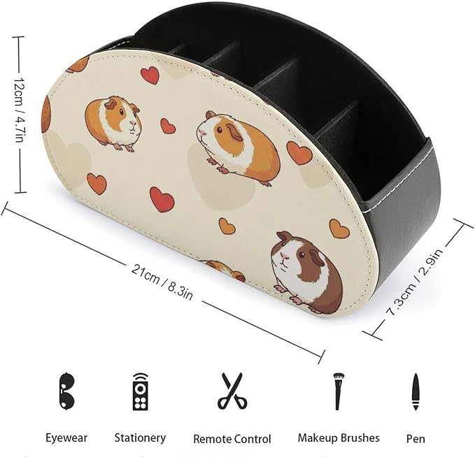 TV Remote Controllers Holder Cute Guinea Pig Pets Bedside Table Organizer | Desktop Storage Caddy Box, Cute Guinea Pig Pets, Pu Leather, 5 Compartments for Controller, Media Player