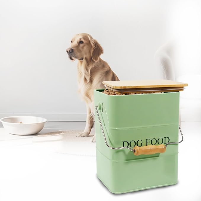 Morezi Metal Dog Food Storage Container 5~6 lbs, Pet Food Treat Canister | Airtight Dog Treat Food Storage Tin with Wooden Lid and Scoop- Powder Coated Carbon Steel- for Dry Dog Cat Food Kibble-Green