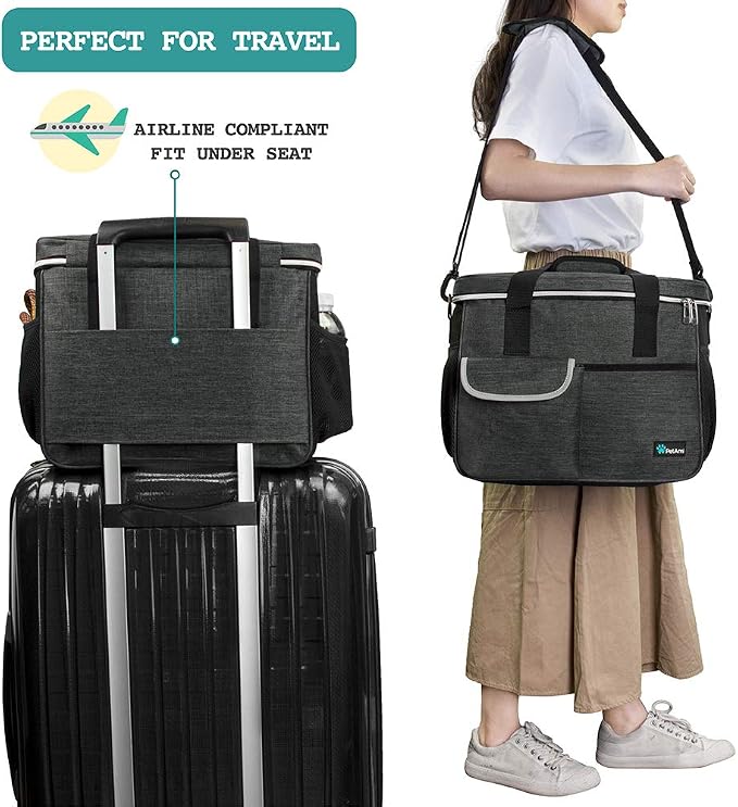PetAmi Dog Travel Bag Organizer, Pet Supplies Diaper Tote, Dark Gray Medium | Pet Travel Kit with 2 Food Containers & 2 Collapsible Dog Bowls, Luggage Sleeve, Weekend Getaway Road Trip Camping Essentials