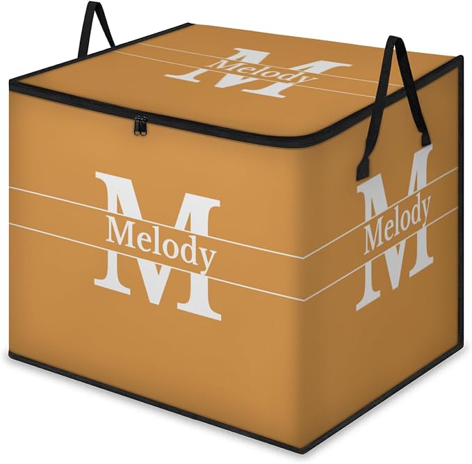 Custom Name Large Storage Bin with Lid, Personalized Storage Basket with Zippers for Organizing Comforters, Blankets, Bedding Closet Shelf Baskets, Orange with Initial Letter