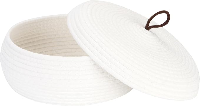 Sea Team Round Woven Cotton Rope Storage Basket with Lid, White | Lidded Knitted Decorative Storage Bin, Pot, Caddy, Organizer, Container for Snacks, Towels, Plants, 13 x 5.5 Inches