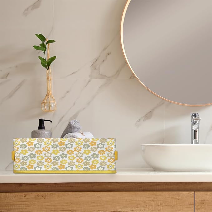 Daisy Fresh Flowers Bathroom Storage Basket, Foldable with Handle Open Countertop Paper Towel Decorative Box, Toilet Tank Top Shelf Baskets for Home Closet Bedroom Living Room Office