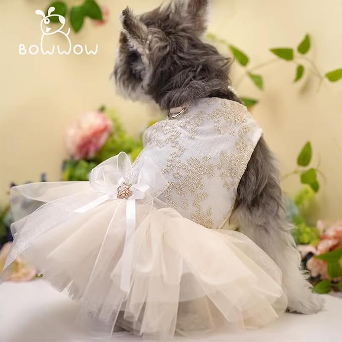 Princess Dog Wedding Dress - Embroidered Gown with Fluffy Tutu Skirt & Leash D-Ring, Formal Party Outfit for Small Dogs & Cats Like Chihuahua Yorkie (White Bow-Princess, X-Small)