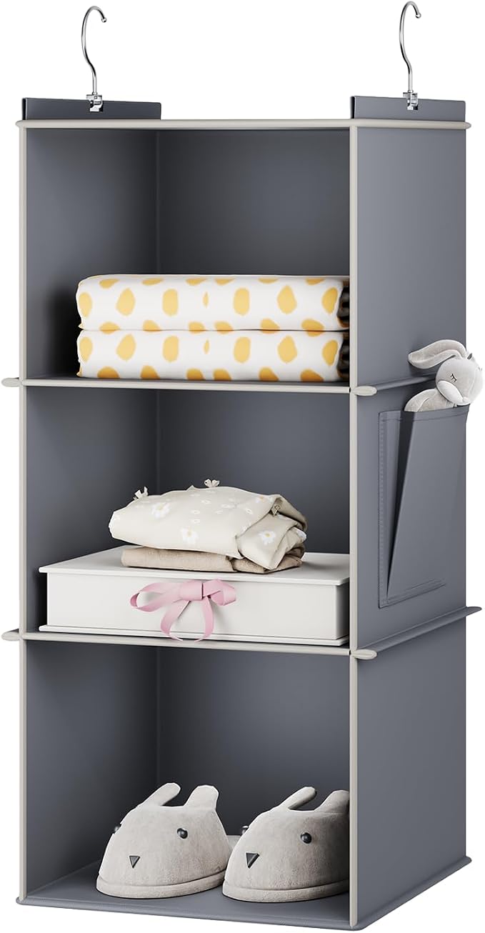 YOUDENOVA Hanging Closet Organizer and Storage for Clothes, 3-Shelf, Grey | Locker/RV/Camper Organizer, Side Pocket, Hanging Shelves for Small Closet, Dorm Room Essentials for Guys, Breathable Fabric