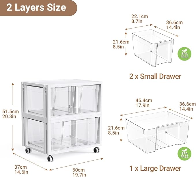 Extra Large Storage Drawer Cart, Storage Boxes 2 Tier-3 Drawer | With 1 Set Wheels, Stackable and Detachable Storage Unit, Home Kitchen Organizer for Art Craft Supplies Bedroom Bathroom