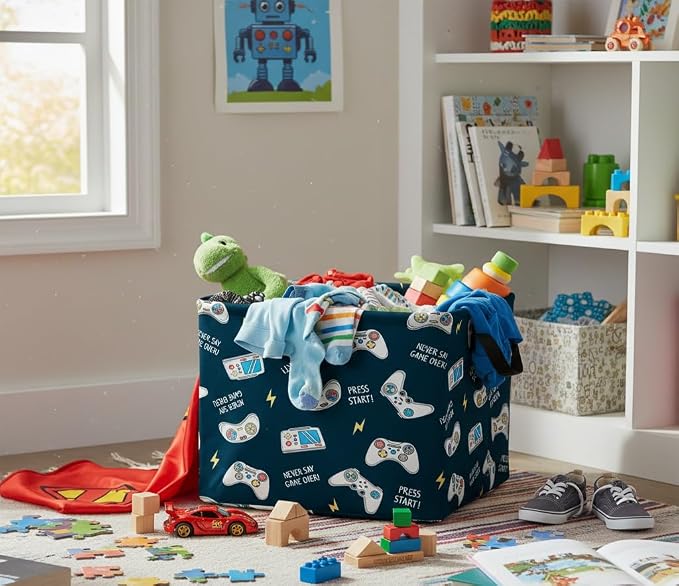 Rectangular Valentines Basket Fabric Storage Bin Storage Boxes Collapsible Storage Basket for Clothes Books Shelves Basket(Blue Game)