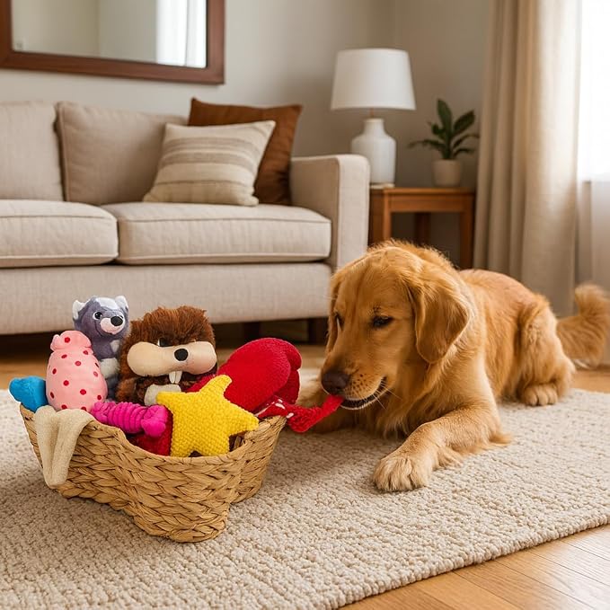 OtterPets Dog Toy Basket, Hyacinth Bone Shaped Dog Toy Bin, 17x13” | Handmade dog toy box, dog toy storage, dog basket, basket for dog toys, dog storage, 17 x 13 in, natural water hyacinth