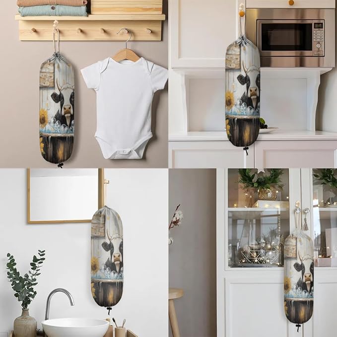 Sunflower Cow Plastic Bag Holder Wooden Board Grocery Bag Storage Dispenser Washable Hanging Shopping Bags Carrier Reusable Wall Mount Trash Bag Organizer for Kitchen Pantry