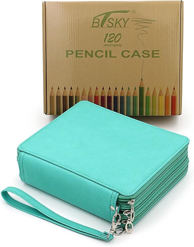 BTSKY Deluxe PU Leather Pencil Case For Colored Pencils - 120 Slot, Green | Pencil Holder with Handle Strap Handy Colored Pencil Box Large for Artists, Adults Coloring, Sketching, Drawing
