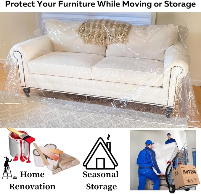 Evelots Clear Vinyl Couch Cover, Waterproof 3-Seat Sofa Protector | Heavy-duty vinyl protects 3-seat sofas from pet claws, stains, dust and spills; ideal for everyday use, moving and storage.
